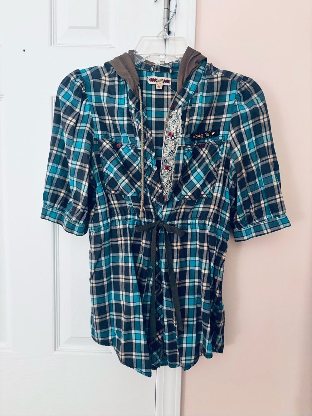Free People Teal Black Plaid Hooded Drawstring Blouse
